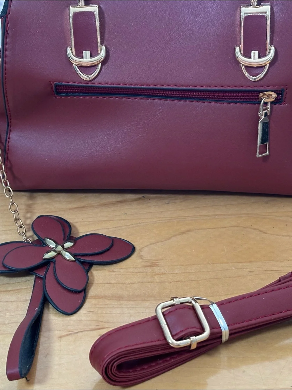 Embroidered Floral Burgundy Satchel with Gold Hardware